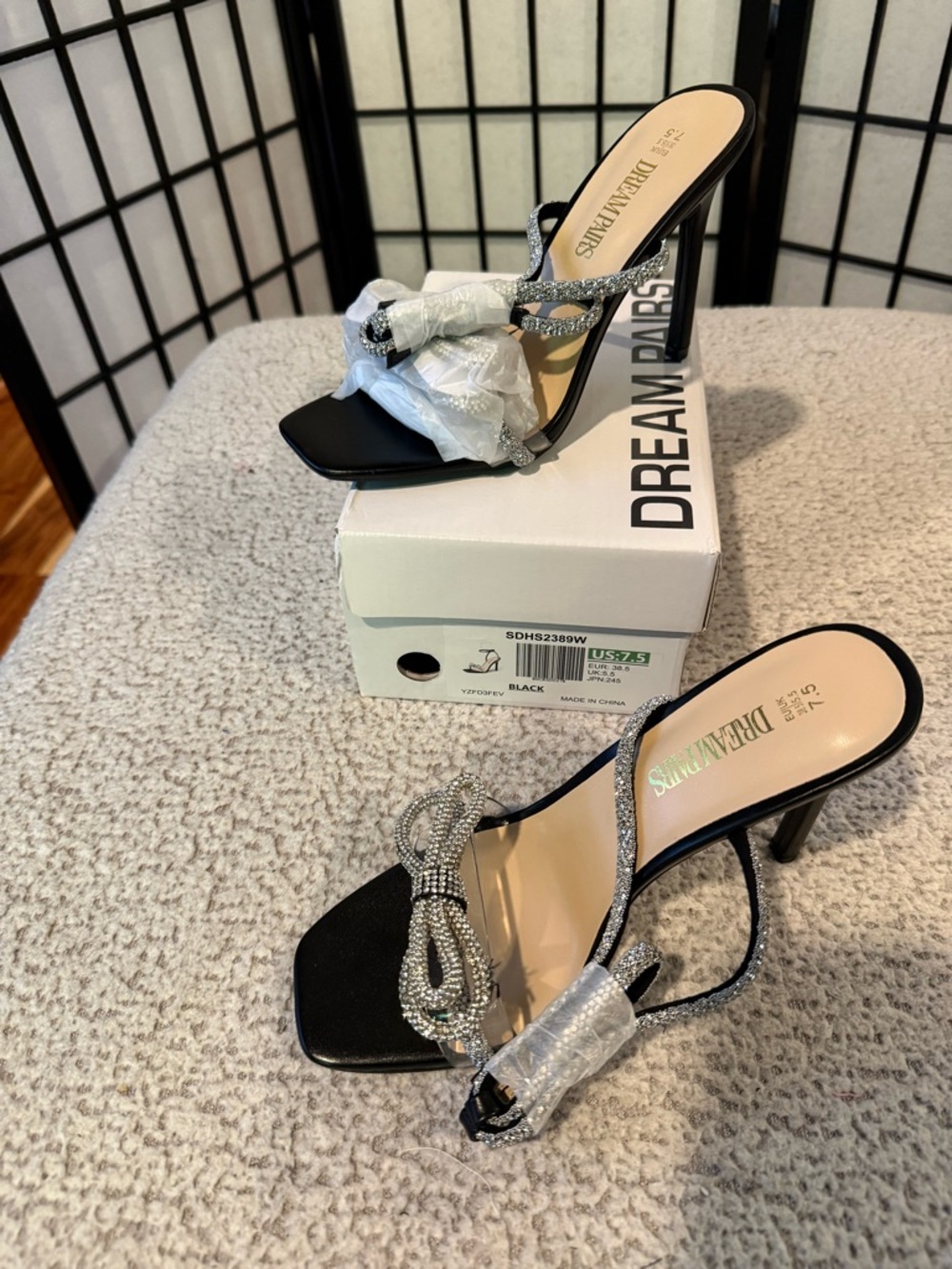 Dream Pairs Black Heeled Sandals with Rhinestone Bow
